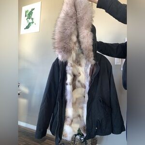 Mr & Mrs Italy Rabbit Fur Black Parka Coat Size S